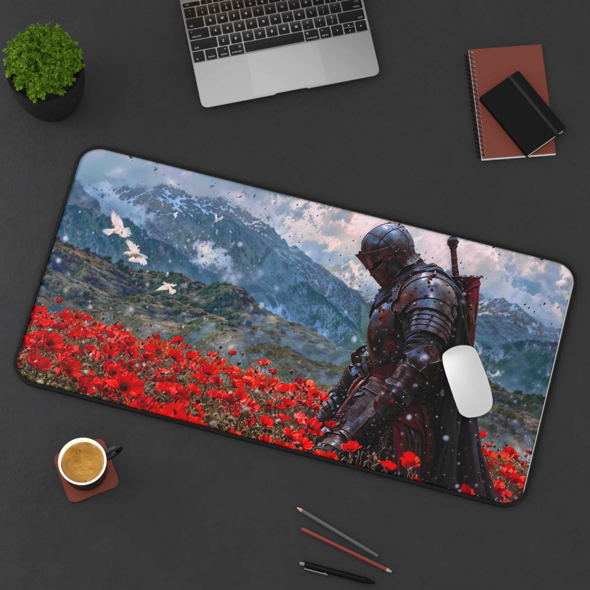 Knight in Poppy Field Desk Mat — Medieval Armor Gaming Mousepad