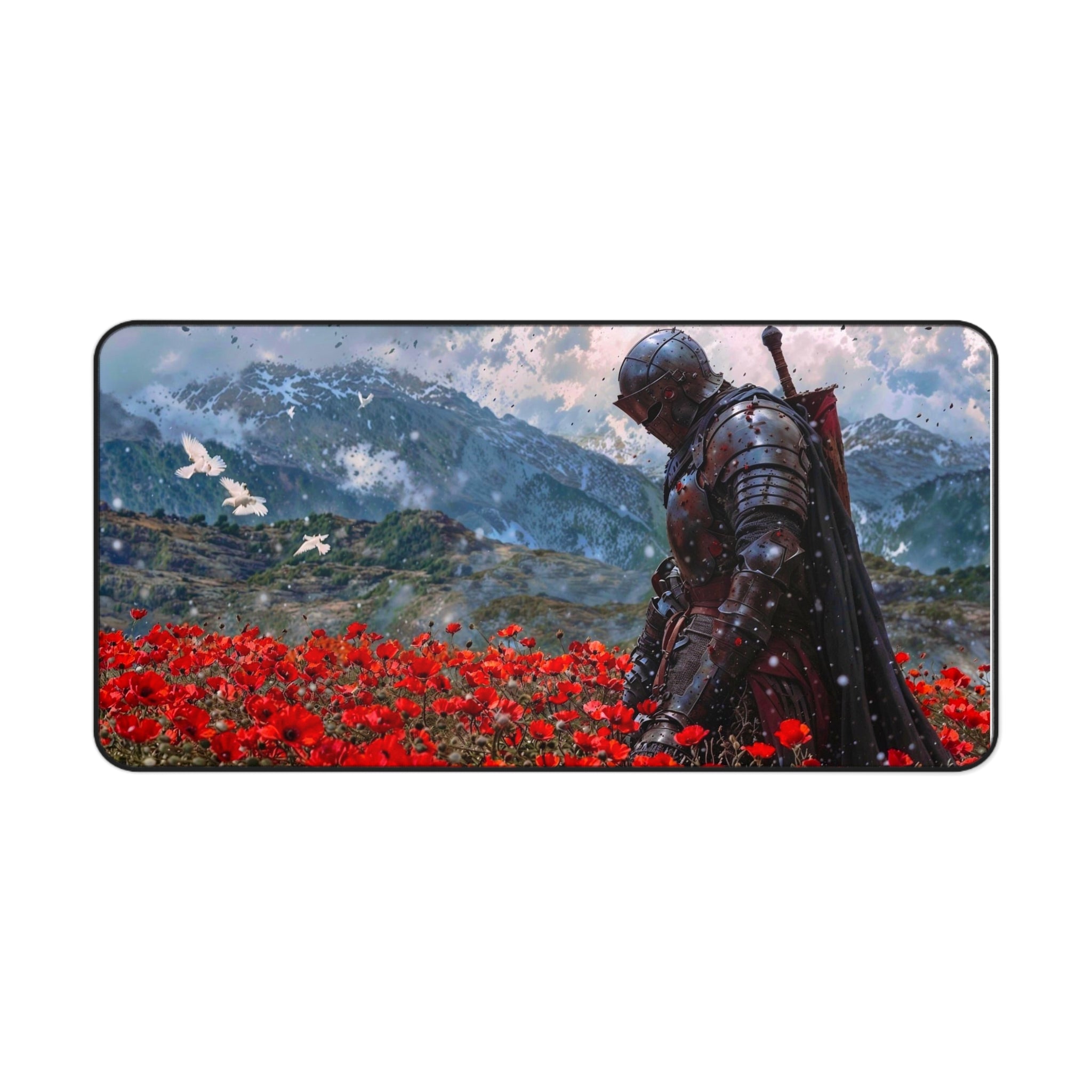 Knight in Poppy Field Desk Mat — Medieval Armor Gaming Mousepad