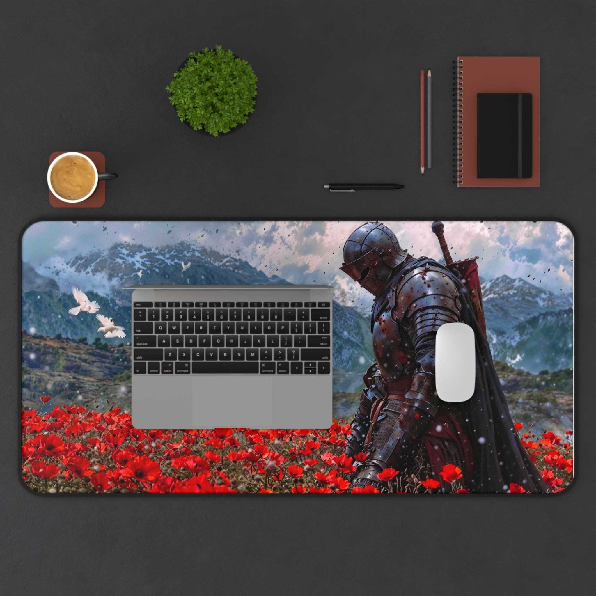 Knight in Poppy Field Desk Mat — Medieval Armor Gaming Mousepad