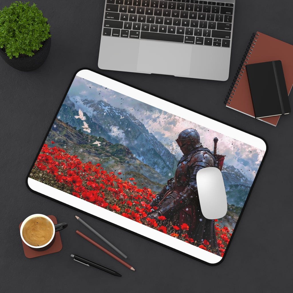 Knight in Poppy Field Desk Mat — Medieval Armor Gaming Mousepad